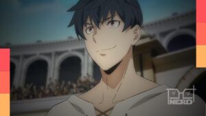 Cena do anime Overgeared com Shin Youngwoo como Grid e destaque para o terceiro trailer oficial e pôster principal