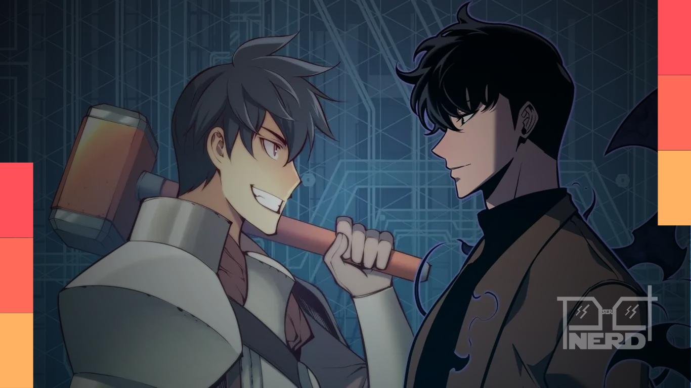 Arte promocional da colaboração entre Overgeared e Solo Leveling com Grid e Sung Jinwoo
