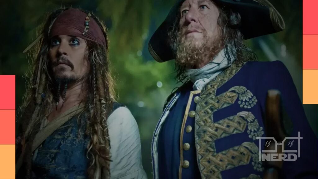 Geoffrey Rush interpretando o Capitão Barbossa em Piratas do Caribe