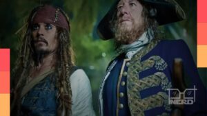 Geoffrey Rush interpretando o Capitão Barbossa em Piratas do Caribe
