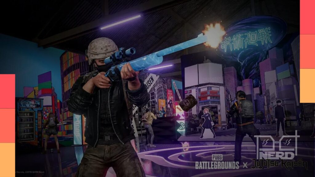 Imagem de PUBG mostrando a atualização 43.1 com mecânicas de chute, combate na água e referência a JUJUTSU KAISEN