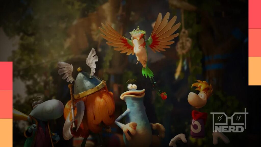 Rayman atravessa uma fase colorida em Rayman Legends Retold