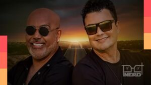 Ilustração com temática musical destacando Rick e Renner e principais hits como Ela é Demais e Nos Bares