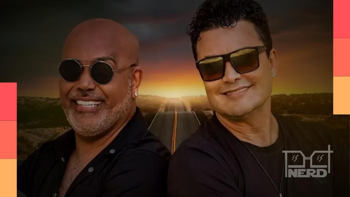 Ilustração com temática musical destacando Rick e Renner e principais hits como Ela é Demais e Nos Bares