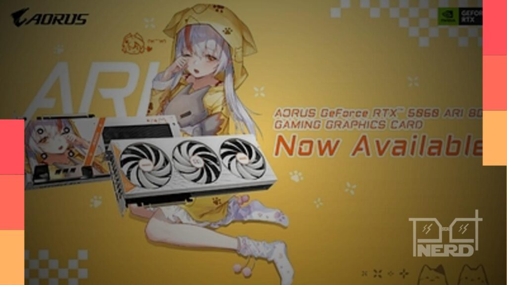 Placa de vídeo AORUS GeForce RTX 5060 ARI Edition com personagem Ari no backplate e sistema WINDFORCE