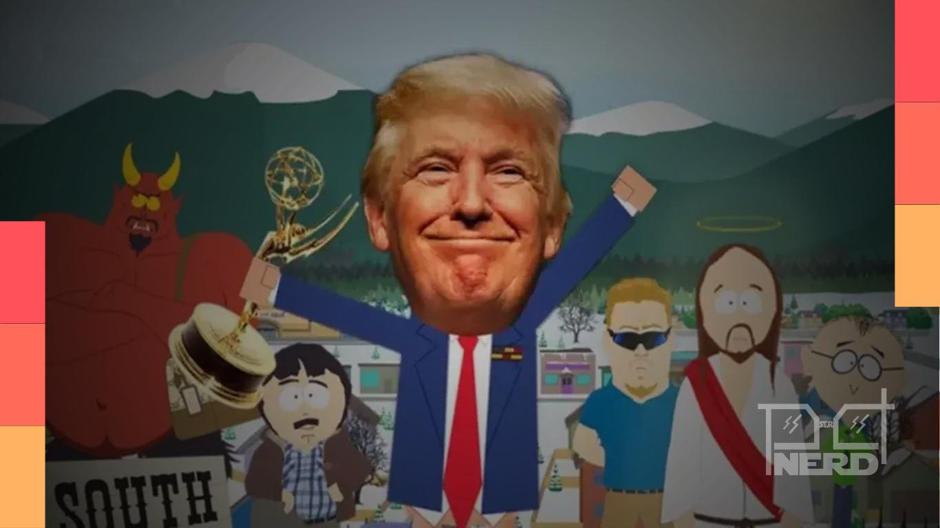 Pôster do South Park ironizando Donald Trump após vitória no Emmy, com personagem segurando a estatueta e frase de provocação