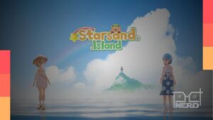 Personagem em Starsand Island explorando a ilha com céu azul e vegetação em estilo anime
