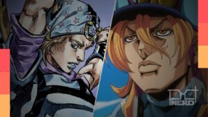 Imagem promocional de Steel Ball Run com Johnny Joestar e Gyro Zeppeli encarando uma travessia no deserto