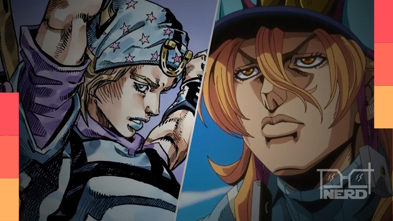 Imagem promocional de Steel Ball Run com Johnny Joestar e Gyro Zeppeli encarando uma travessia no deserto