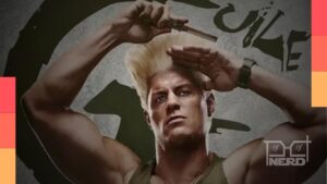 Balde de pipoca de Street Fighter em formato do cabelo de Guile, com estética inspirada no personagem