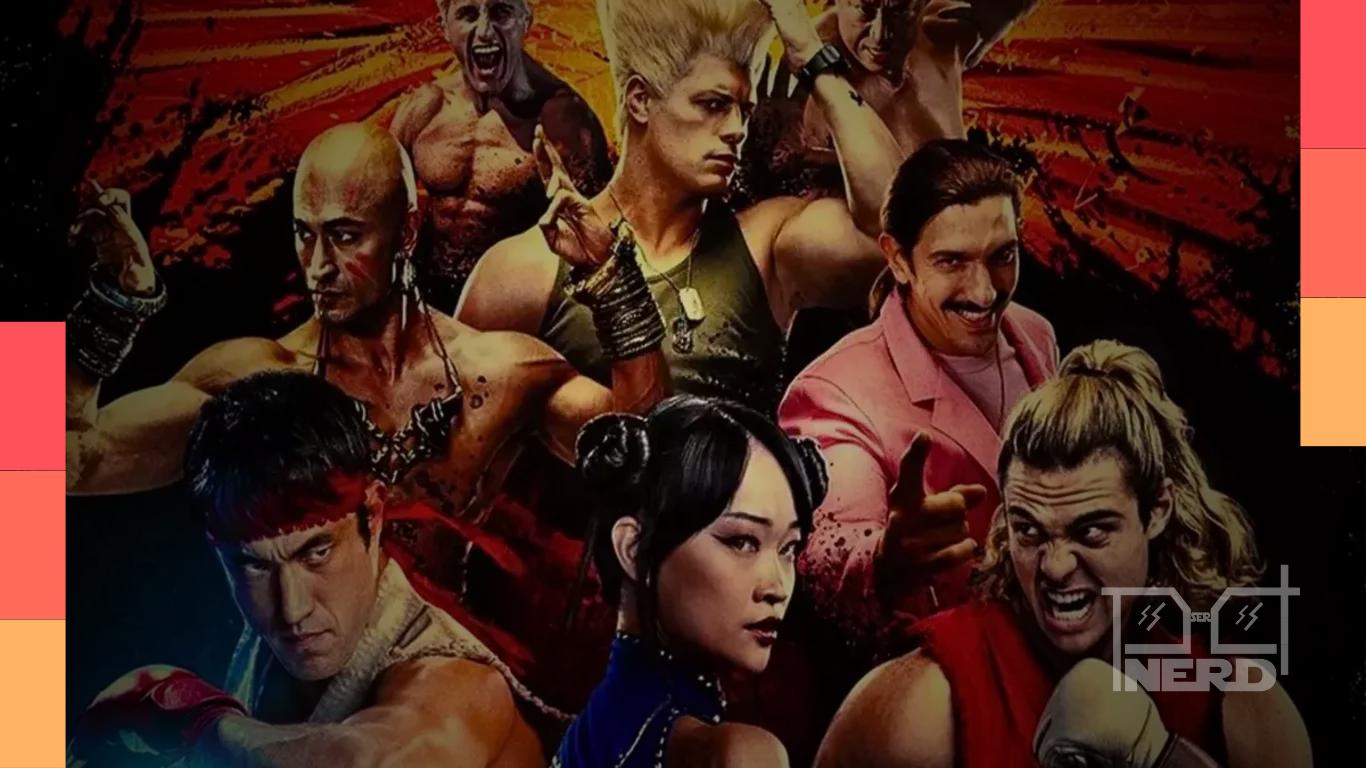 Pôster do live-action de Street Fighter com Ryu, Ken, Chun-Li e M. Bison, além do elenco e do carro clássico