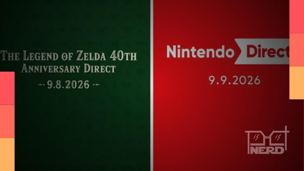 Ilustração com tema de The Legend of Zelda e indicação de dois Nintendo Directs da Nintendo