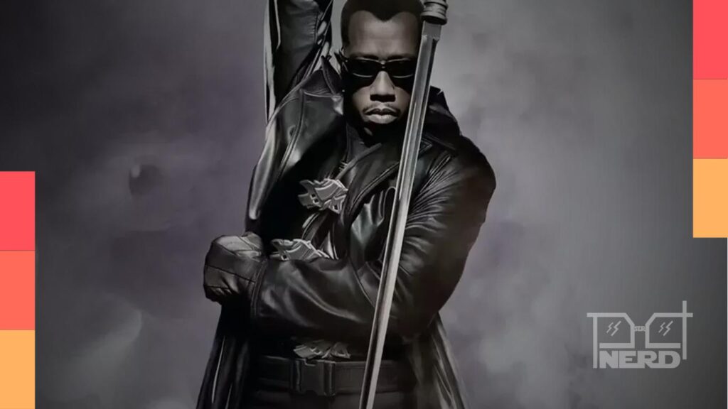 Traje de Blade de Wesley Snipes, com sobretudo, colete, arma e katana, exposto no Museu da Academia.