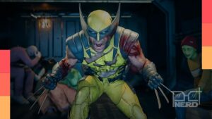 Logan no Marvel's Wolverine com traje reparando autoritariamente após danos, ligado à Phalanx