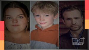 Foto de montagem com Rafe Spall como Arthur Weasley, Molly Hewitt-Richards como Murta que Geme e Jasper Ambrose como Colin Creevey na nova temporada de Harry Potter na HBO