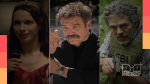 Ilustração com cenas das séries Widow's Bay, DTF St. Louis e Task: Unidade Especial, vencedoras do Emmy 2026