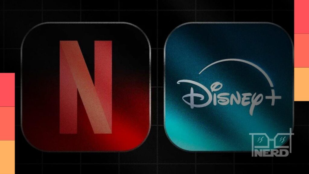 Gráfico comparando Disney+ e Netflix: Disney+ amplia títulos de TV em 40,4% e Netflix recua 2,8%, além da variação em filmes