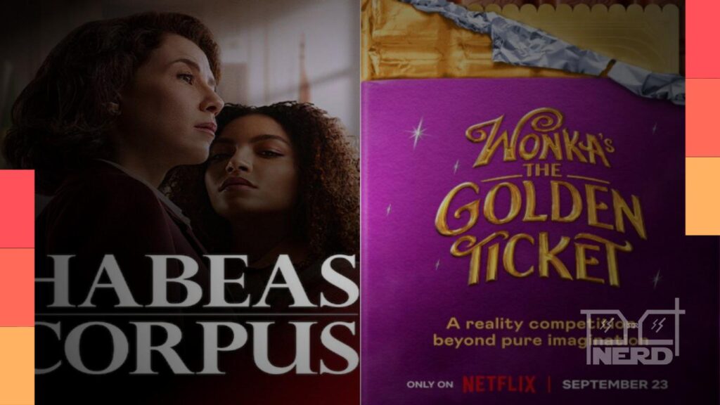 Imagem com destaque para os lançamentos da Netflix da semana, incluindo Habeas Corpus e Wonka: O Bilhete Dourado