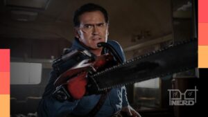 Bruce Campbell em cena de Ash vs. Evil Dead, em foto promocional do terror.