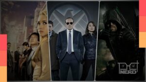 Ilustração com capas e símbolos de séries de super-heróis canceladas, sugerindo fãs pedindo retorno de Arrow, The Flash, Heroes e outras