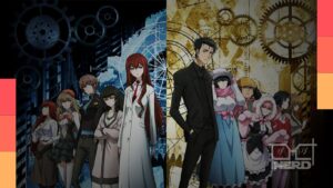 Ilustração com animes sobre viagens no tempo como Steins;Gate, Erased e Link Click