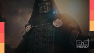 Artes promocionais de Vingadores: Doutor Destino com destaque para o Doutor Destino de Robert Downey Jr. e personagens como Fera, Coisa, Yelena e Pantera Negra
