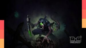 Gameplay de Warhammer Age of Sigmar: Deathmaster com Vihneek, um Skaven, escalando superfícies e usando gancho em cenário hostil