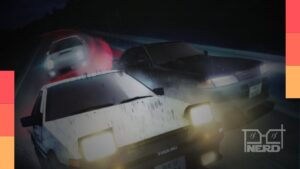 Ilustração de carros de corrida em uma estrada sinuosa, inspirada na cultura dos animes automotivos