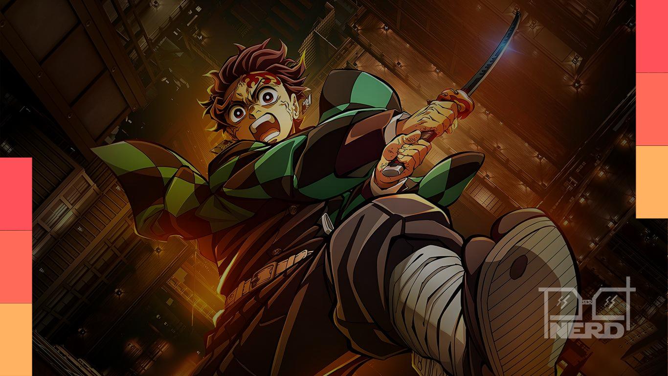 Arte temática sobre animes sobrenaturais como Demon Slayer, com guerreiros e criaturas demoníacas