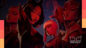 Visual promocional do K/DA para as ativações presenciais de League of Legends no Brasil