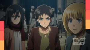 Personagens de Attack on Titan em arte promocional do anime
