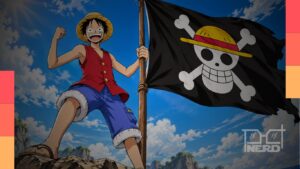 Bandeira dos Piratas do Chapéu de Palha, com uma caveira sorridente usando o chapéu de Luffy