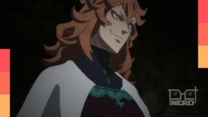 Mereoleona Vermillion envolta em chamas durante a transformação Hellfire Incarnate em Black Clover