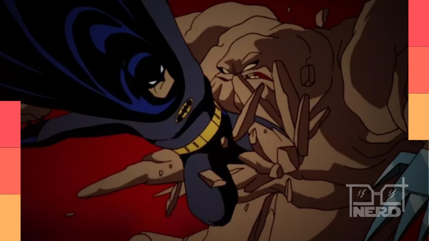 Arte promocional de Cara-de-Barro com referência à presença do Batman em Gotham