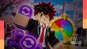 Personagens de Anime High School RP no Roblox com destaque para os códigos de giros e rerolls grátis