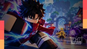 Personagens de Anime Mysterious cercados por efeitos de energia no Roblox