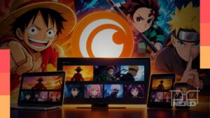 Logotipos da Crunchyroll e da Netflix em uma tela, representando a comparação entre os serviços para assistir animes.