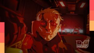 Cena da animação Cyberpunk: Mercenários, ambientada na cidade futurista de Night City.