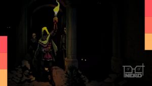 Cena de Deep Dish Dungeon com exploração em uma masmorra escura