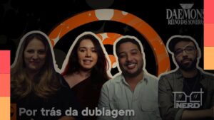 Elenco brasileiro de Daemons do Reino das Sombras durante os bastidores da dublagem