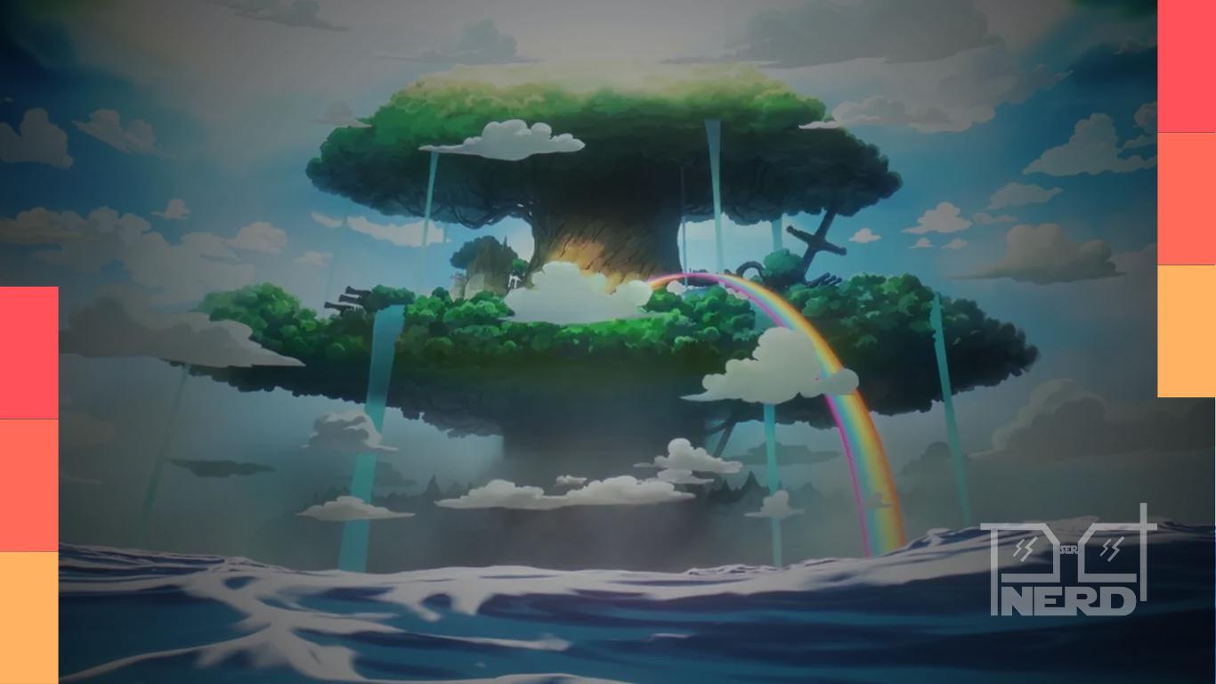 Paisagem de Elbaf em One Piece, com a árvore Adam e o reino dos gigantes