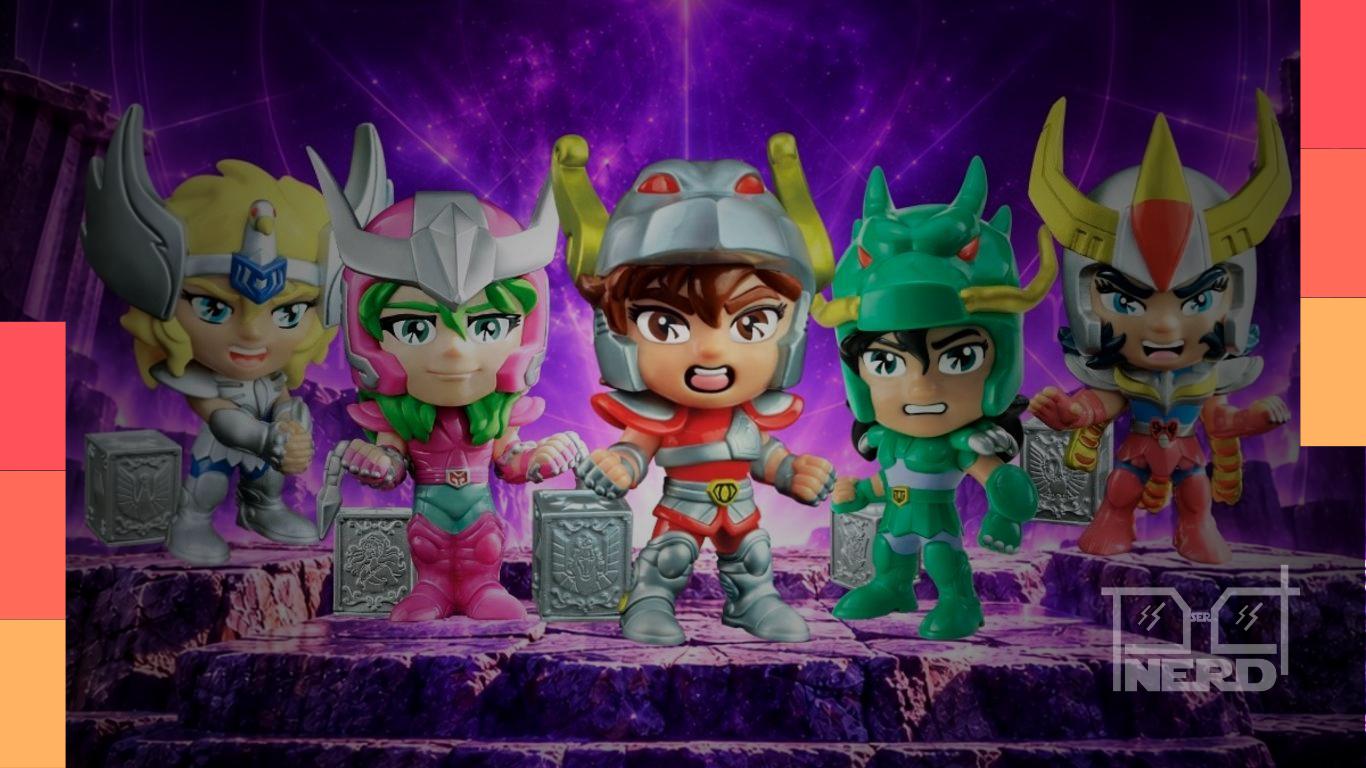 Figuras colecionáveis estilizadas de Seiya, Shiryu, Hyoga, Ikki e Shun, de Os Cavaleiros do Zodíaco