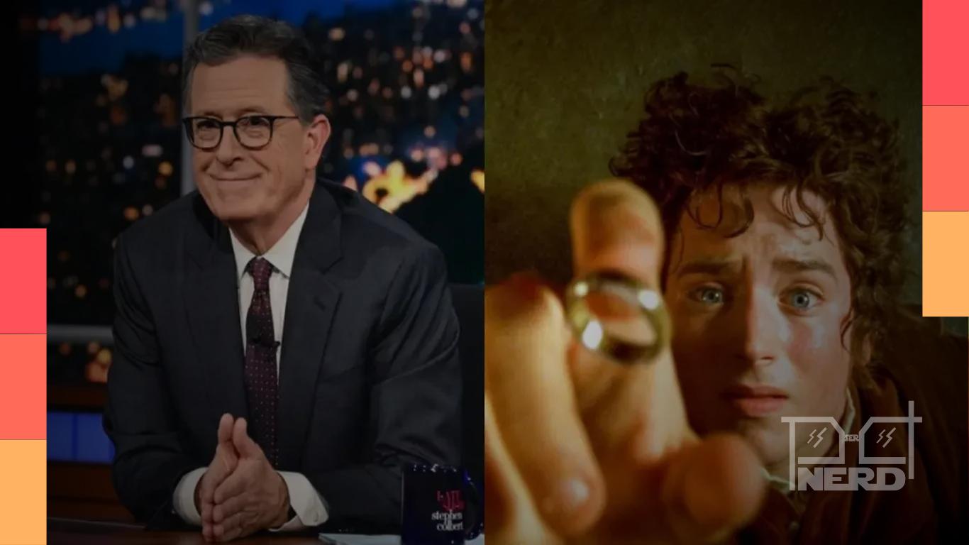 Stephen Colbert e imagens de O Senhor dos Anéis em destaque na notícia sobre a pausa de Sombras do Passado