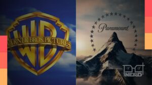 Logotipos da Warner Bros. Discovery, Paramount e Skydance representando a fusão e as demissões previstas