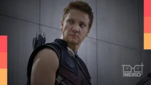 Jeremy Renner caracterizado como Clint Barton, o Gavião Arqueiro da Marvel