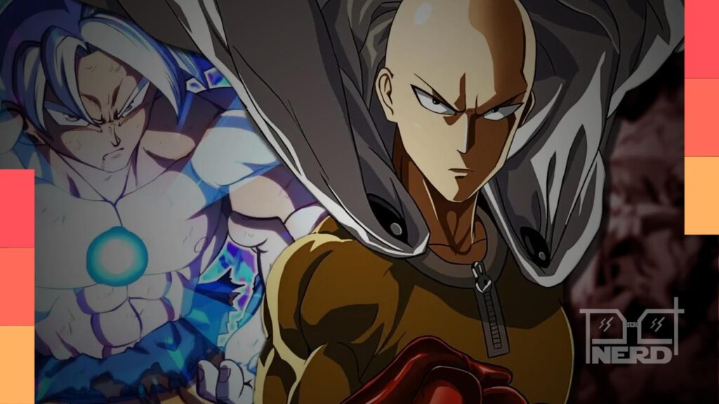 Ilustração de Goku e Saitama em lados opostos, representando a disputa de popularidade entre Dragon Ball e One-Punch Man.