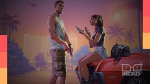 Jason e Lucia em cena do trailer de lançamento de GTA 6, capturado no PlayStation 5