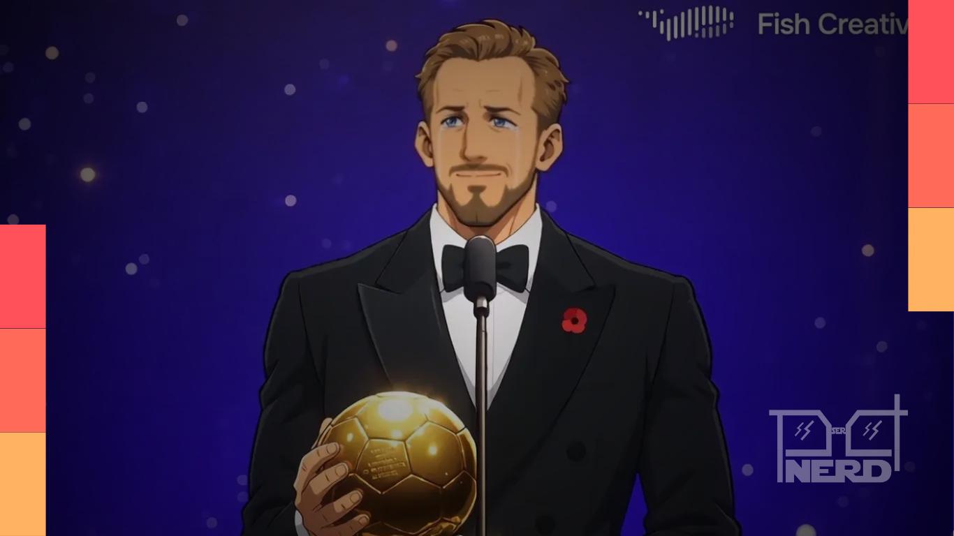 Harry Kane em ilustração de estilo anime inspirada na conquista da Bola de Ouro de 2026