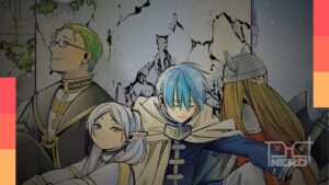 Frieren, Himmel, Eisen e Heiter na capa do primeiro volume do mangá