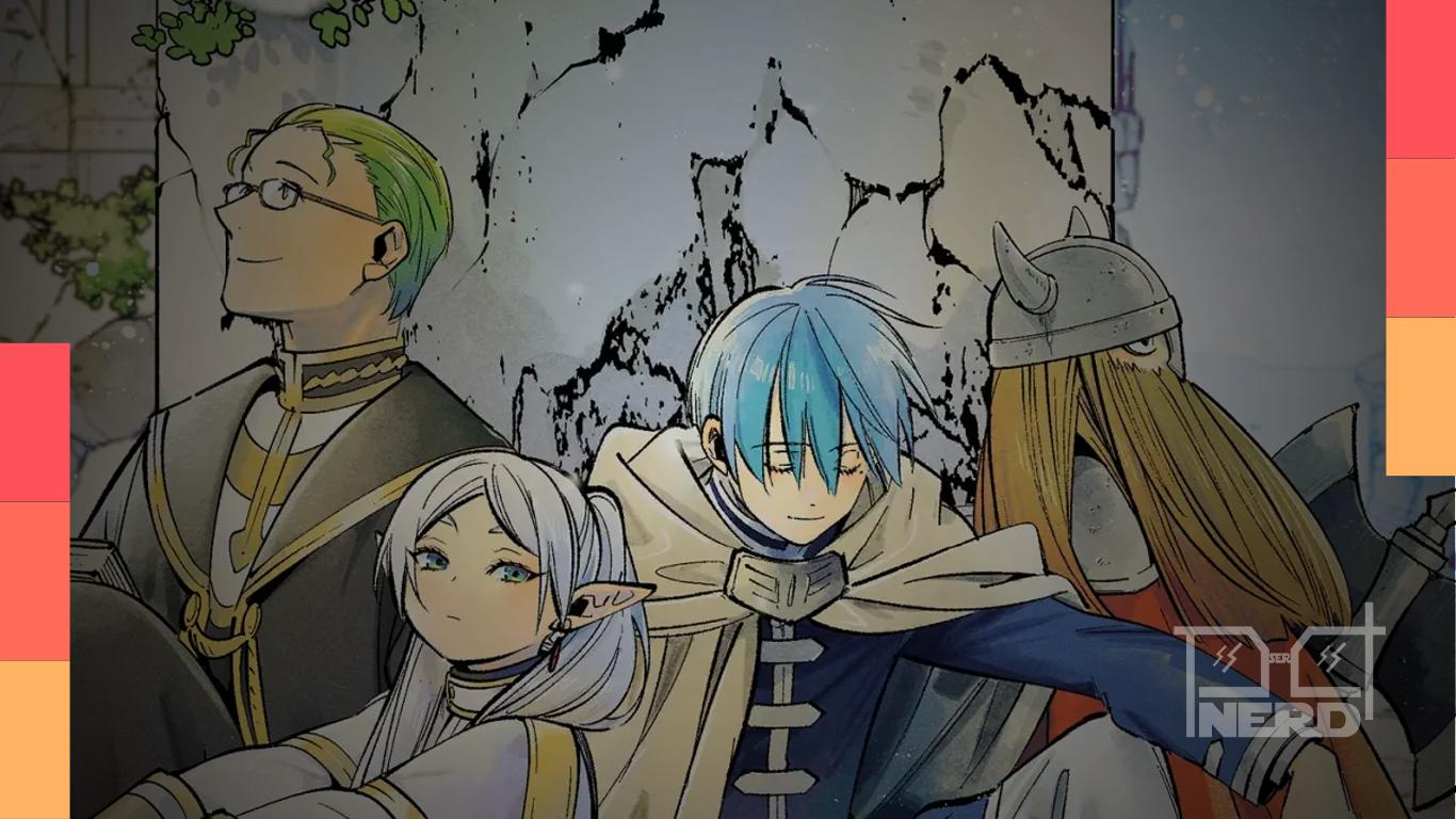 Frieren, Himmel, Eisen e Heiter na capa do primeiro volume do mangá